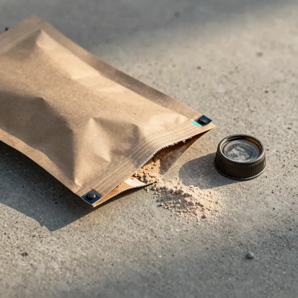Macro of a powder pouch, cap, clip and dust on rough concrete.