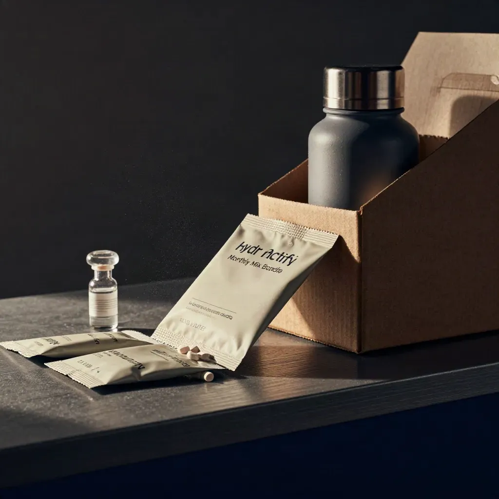 Macro of a hydration bundle reveal: carton, sachets, tablet tubes, drops vial, and bottle neck in mist.